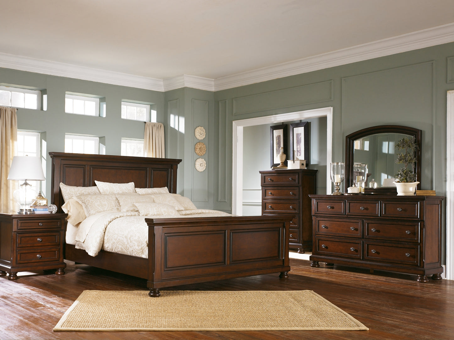 Porter  Panel Bed With Mirrored Dresser And Chest