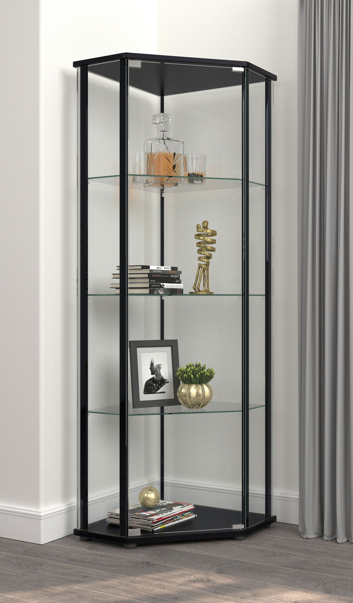Zenobia Glass Shelf Curio Cabinet Clear and Black